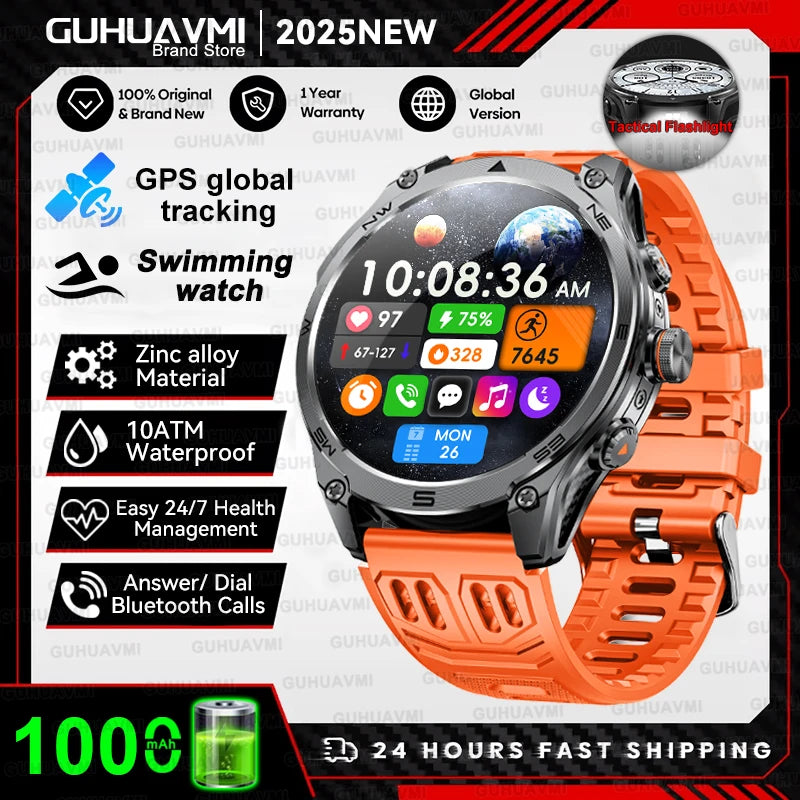 2025 nuevo reloj inteligente GPS 1000Mah batería brújula 10ATM tácticas impermeables linterna deportiva BT llamada reloj inteligente para hombres para xioami